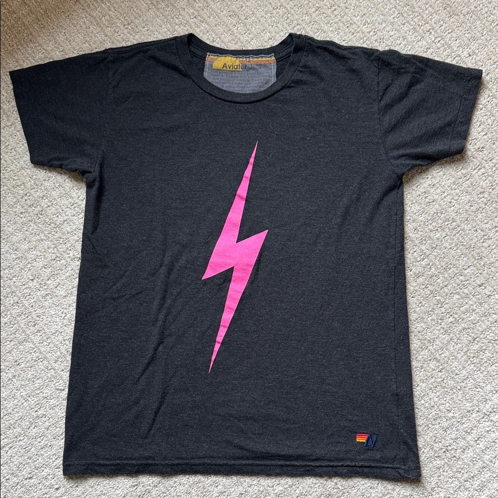 Charcoal Aviator Nation T-Shirt with Pink Lightning Bolt
